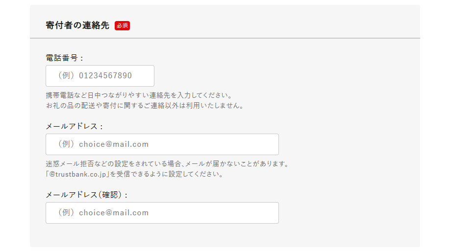 寄付者の連絡先として、電話番号、メールアドレス、メールアドレス(確認)を入力